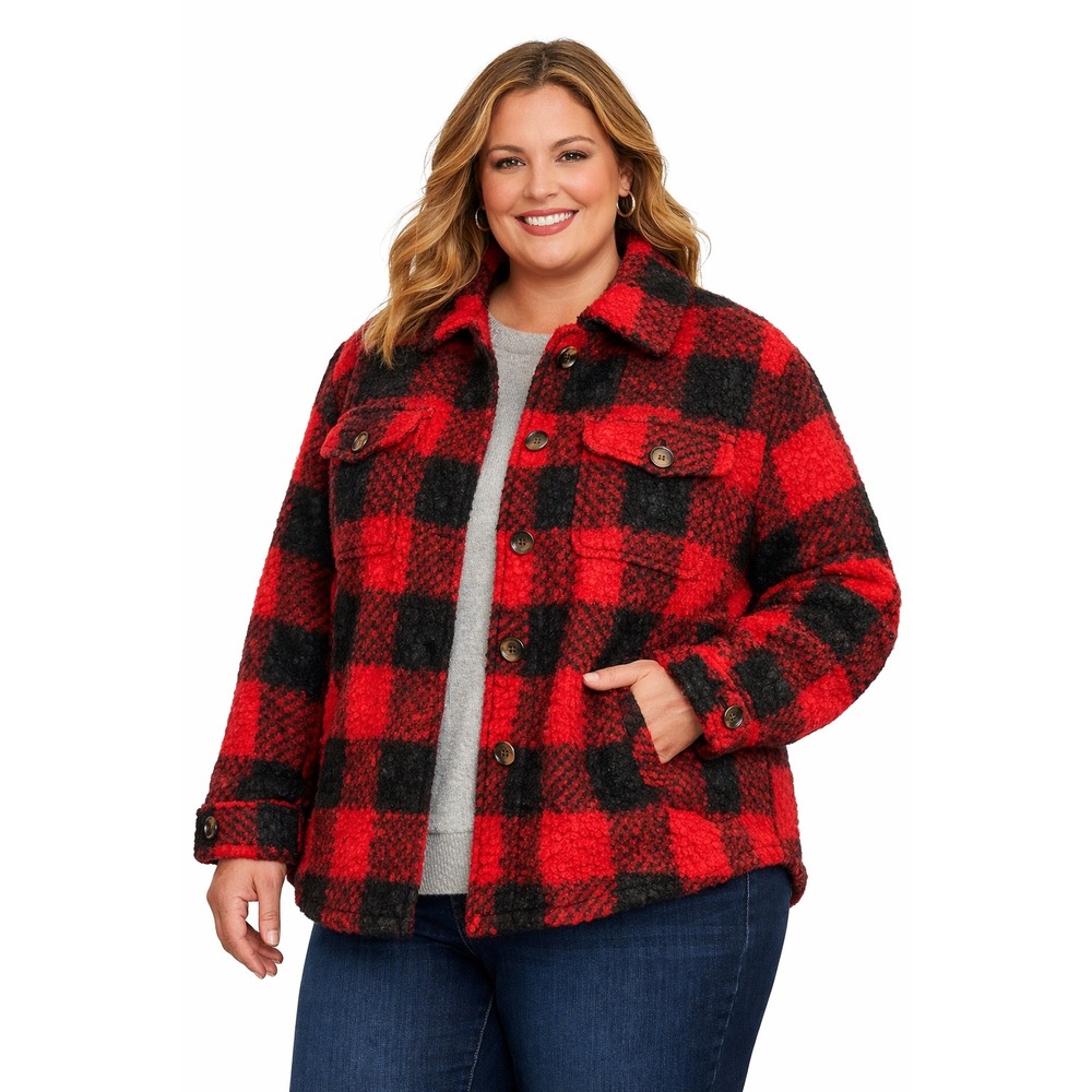 Sundance‎ Womens Red Black Buffalo Plaid Sherpa Lined Shacket Jacket XXL